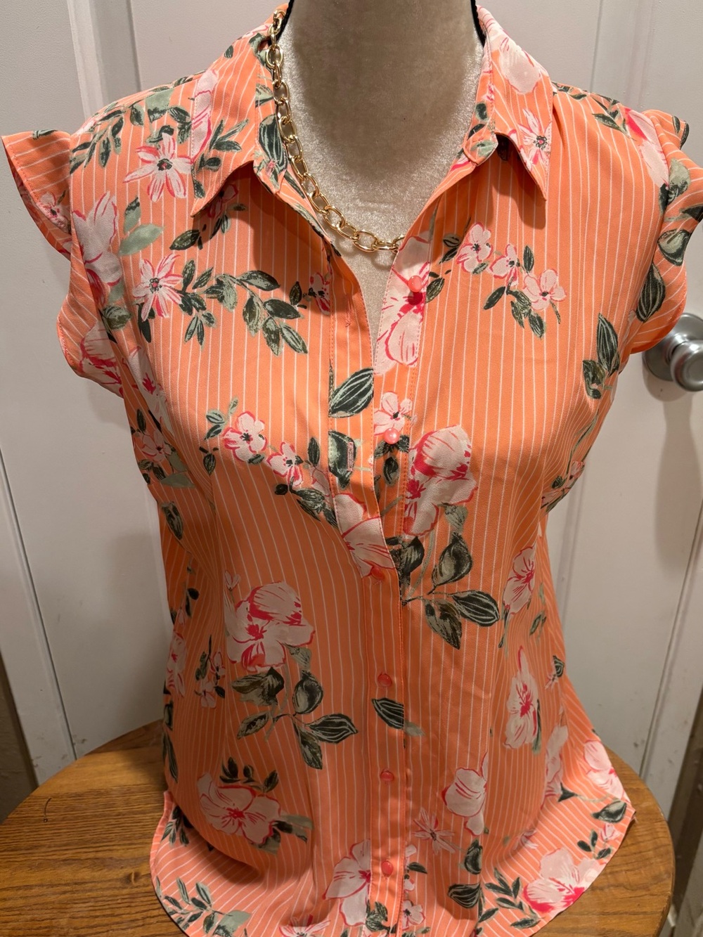Lily Coral-Orange Floral Button-Front Blouse